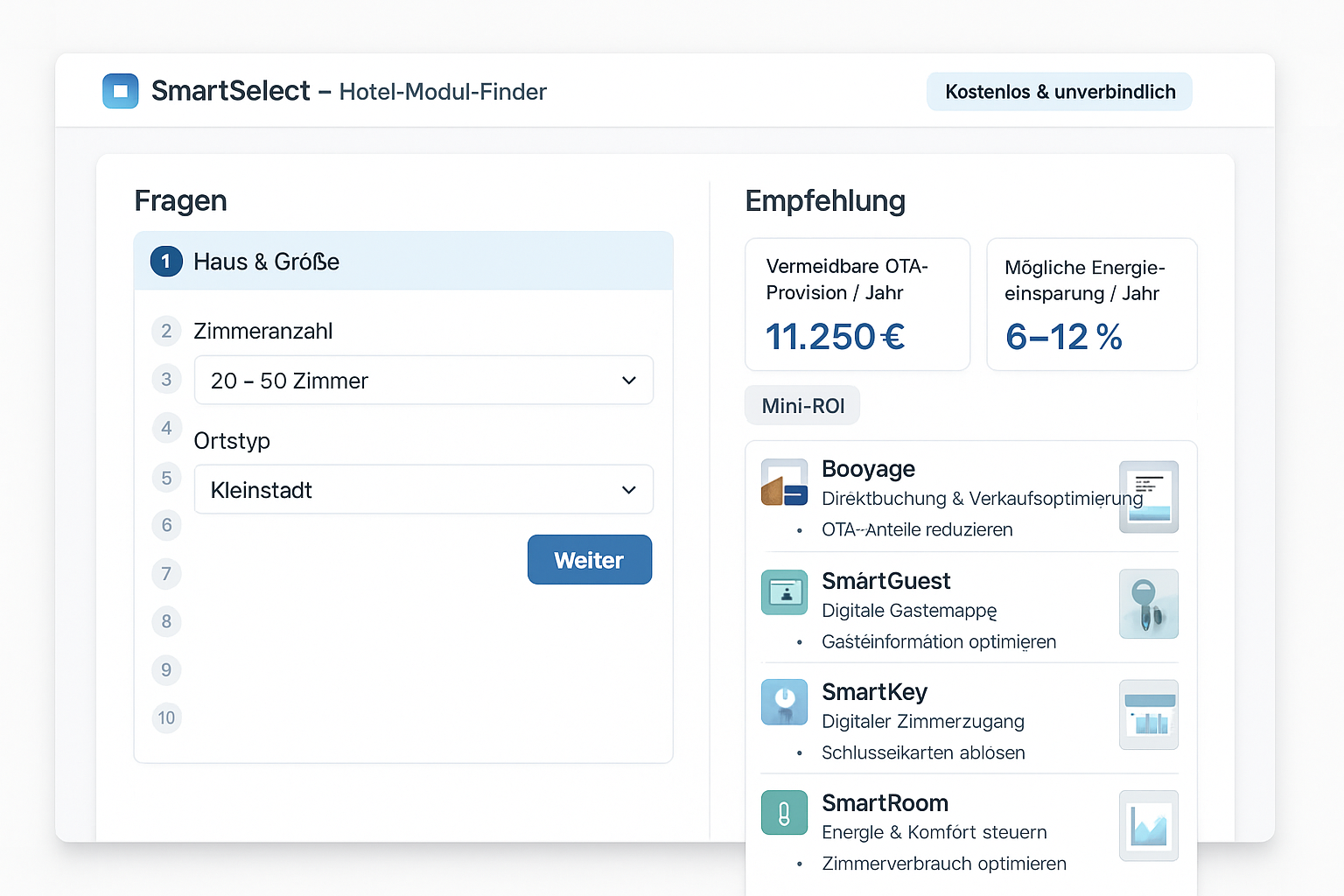 SmartSelect Vorschau – Fragenflow & Empfehlung